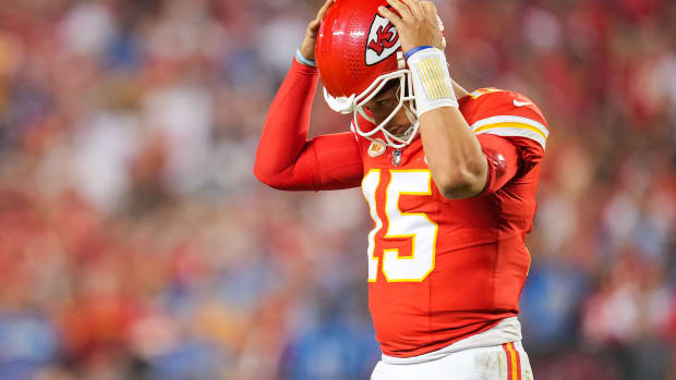 Sep 7, 2023; Kansas City, Missouri, USA; Kansas City Chiefs quarterback Patrick Mahomes (15) reacts after failing to convert a fourth down during the second half against the Detroit Lionsa at GEHA Field at Arrowhead Stadium. Mandatory Credit: Jay Biggerstaff-USA TODAY Sports  